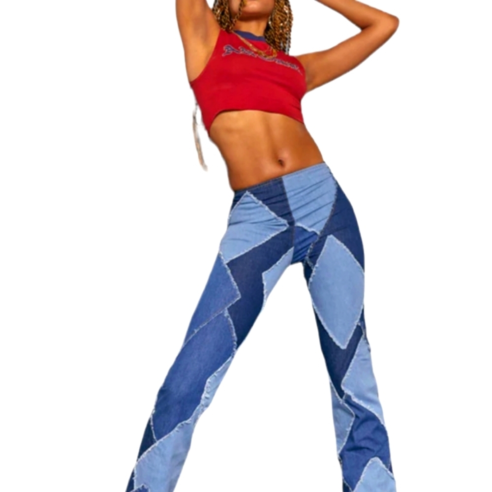 **SOLD** NEW JARED LOW RISE DIAMOND Y2K PATCHWORK JEANS Size 24 - Picture 1 of 11